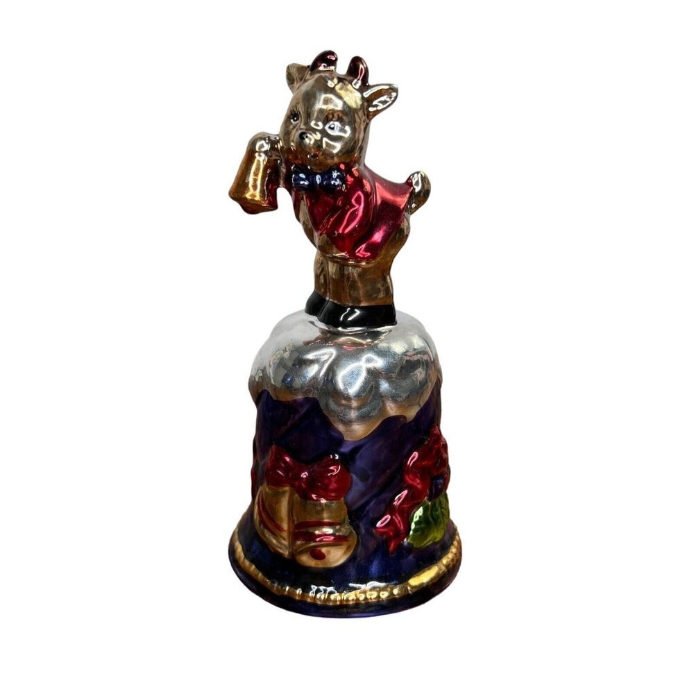 Vintage Holiday Collection Gifts Metallic Christmas Dinner Bell Reindeer Painted